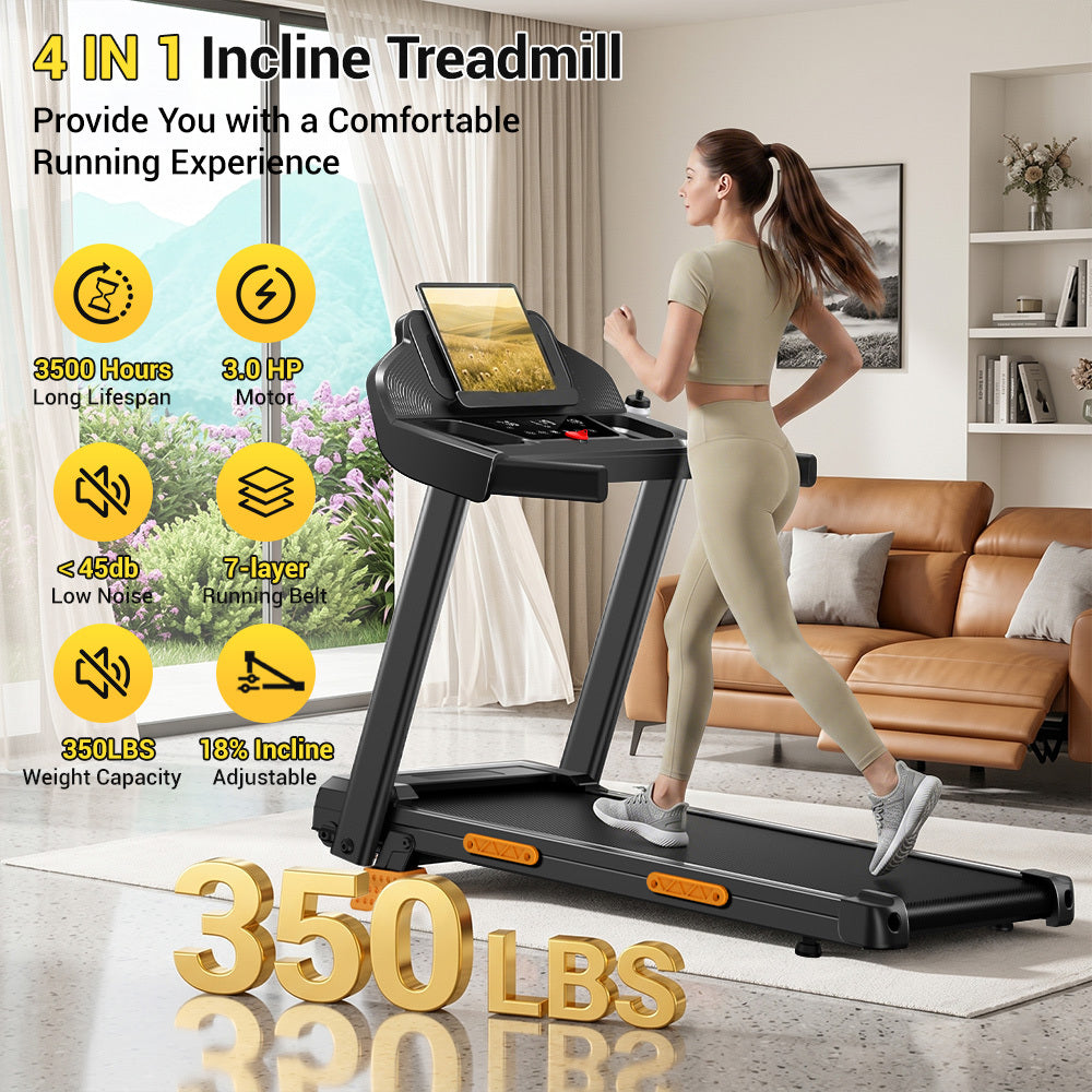 4 IN 1 Treadmills for Home with 18% Incline, 3.0HP Quiet Foldable Treadmill with Handle Bar Up to 350lbs Capacity.